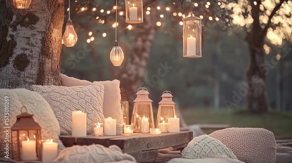 Fototapeta Cozy outdoor evening with candle lanterns and string lights in rustic setting