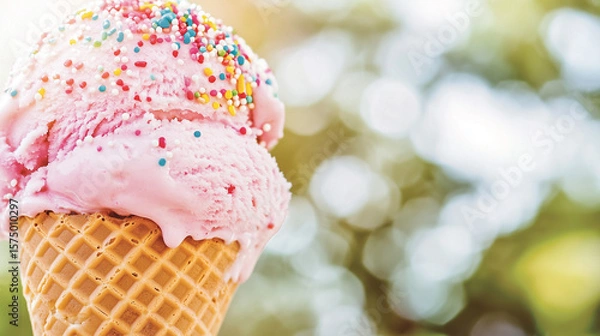 Fototapeta Close-up of pink ice cream with rainbow sprinkles on blurred background on sunny day