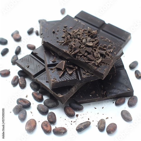Fototapeta Delicious dark chocolate bars and cocoa beans isolated on white background