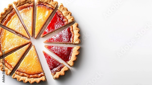 Fototapeta Delicious fruit tart slices on white background for culinary presentation, menu design, bakery banner