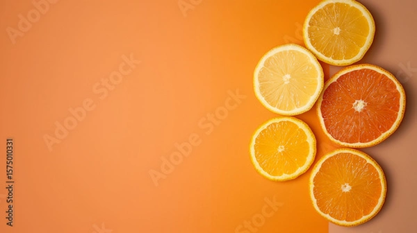 Fototapeta Colorful citrus slices on orange background with empty space for bright summer designs