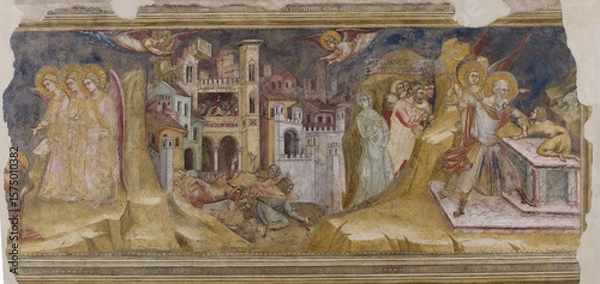 Fototapeta Fresco by Guariento depicting biblical scenes: Abraham and three angels, Sodom and Gomorrah, Lot's wife, and Abraham preparing to sacrifice Isaac. Located in Reggia Carrarese, Padua, Italy.