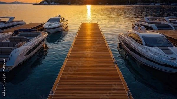 Fototapeta Elegant Wooden Dock Extending Into Crystal Clear Water at Sunset with Boats on Either Side