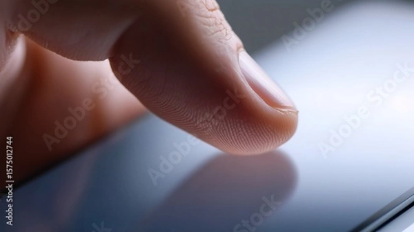 Fototapeta Un pouce sur un écran tactile de smartphone connecté, addiction aux écrans et scroll sur les réseaux