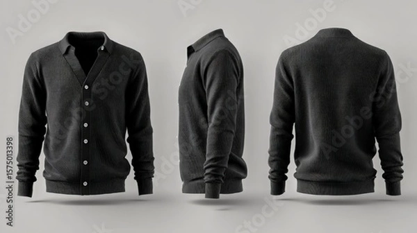 Fototapeta Black fine knit merino wool cardigan sweater mockup with button front shown in front, side, and back views on light grey background
