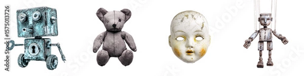 Fototapeta Creepy vintage toys set: robot, teddy bear, doll face and marionette puppet on transparent background