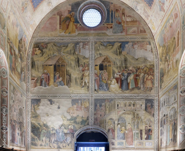 Fototapeta Fresco depicting scenes from the life of Christ on the entry wall of the Oratorio di San Giorgio, Padua by Altichiero da Zevio, including the Nativity, Adoration of the Magi, and the Flight into Egypt