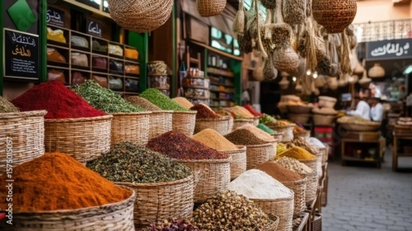 Fototapeta Vibrant Moroccan Souk Filled with Colorful Spices and Exquisite Local Products