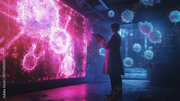 Fototapeta Researcher analyzing glowing virus models on a screen in a futuristic laboratory