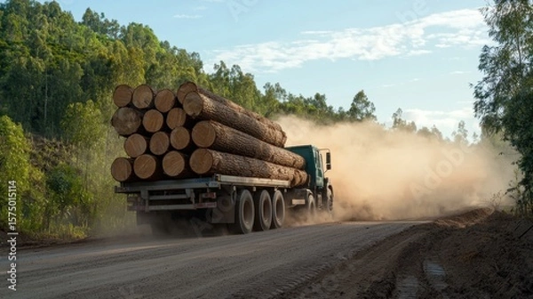 Fototapeta Heavy Logging Truck Transporting Huge Tree Trunks Through Dusty Forest Road Landscape