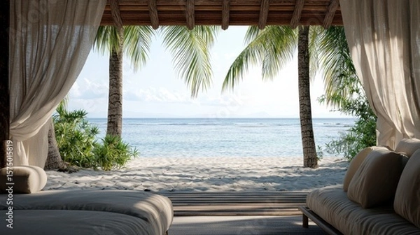 Fototapeta Serene Beachfront Cabana Surrounded by Lush Palm Trees and Tranquil Ocean View