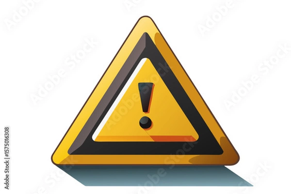 Fototapeta a bright yellow triangular warning sign with a black exclamation mark and a dark shadow isolated on white background.