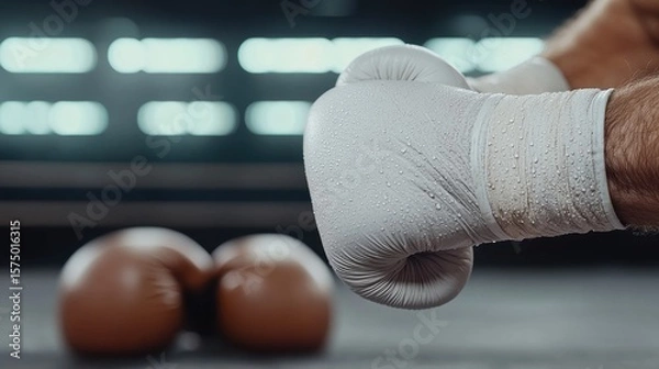 Fototapeta Close-Up Macro Shot of Boxer's Hands Wrapping Fabric Around Knuckles Before Training Session
