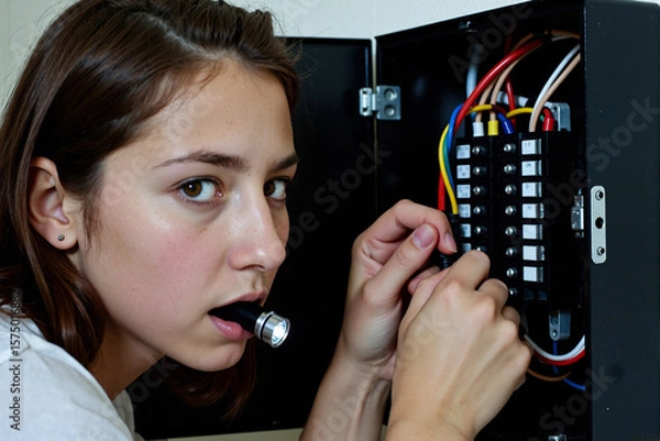 Fototapeta Curious young girl holds flashlight in her mouth while intently examining an open fuse box, learning about electricity and electrical repair with intense focus