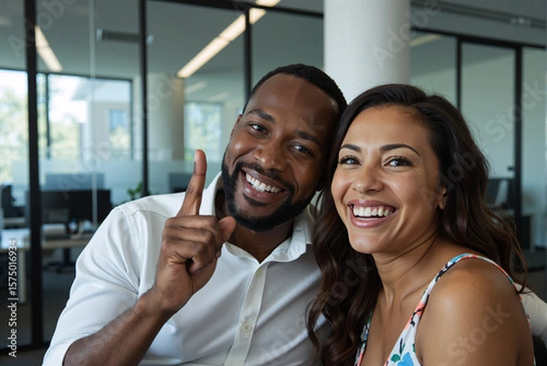 Fototapeta Joyful African American business partners smiling happily at the camera in a modern office, the man showing a thumbs-up sign to express success, team approval, and job satisfaction