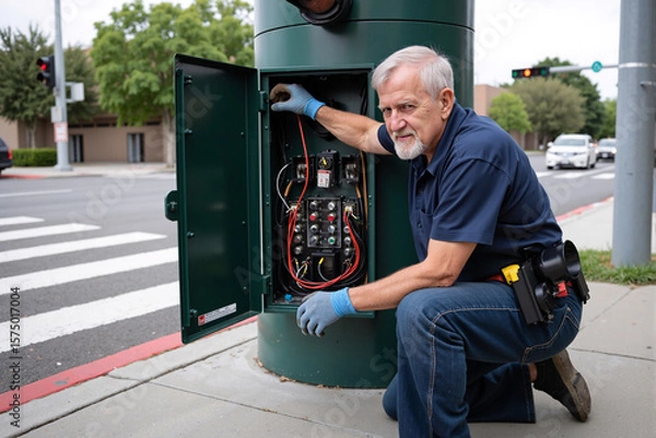 Fototapeta Experienced senior electrician working diligently on an open electrical panel on a city street, performing professional maintenance and repair on public utility infrastructure with expertise