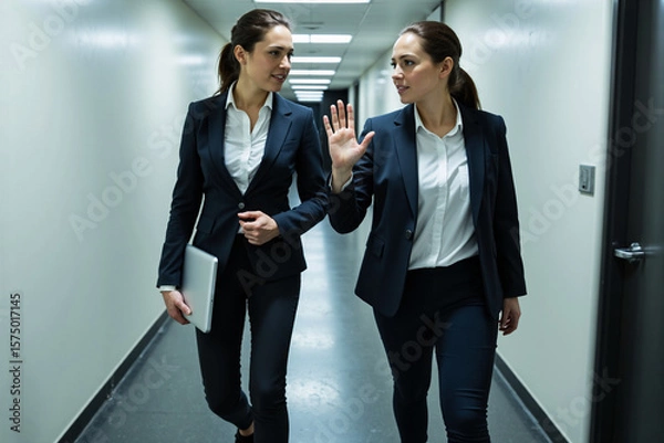 Fototapeta Two professional businesswomen in formal suits engaged in a serious discussion while walking through a modern, brightly lit office corridor, collaborating on corporate strategy