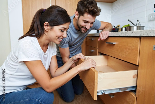 Fototapeta Happy young couple working together as a team to assemble a new wooden kitchen drawer, smiling while doing a DIY home improvement project in their modern apartment
