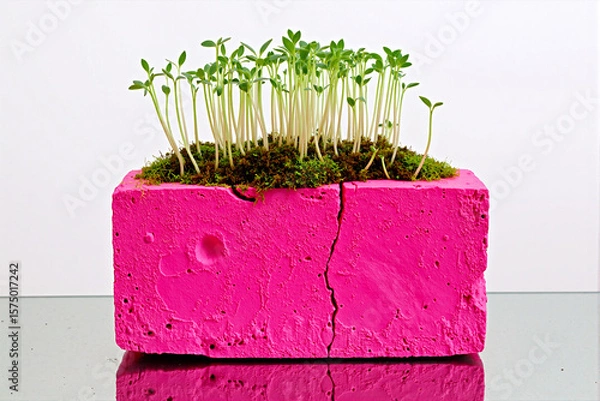 Fototapeta Conceptual image of fresh green sprouts emerging from a vibrant, cracked pink brick, representing new life, urban nature, resilience, hope, and growth in a harsh environment