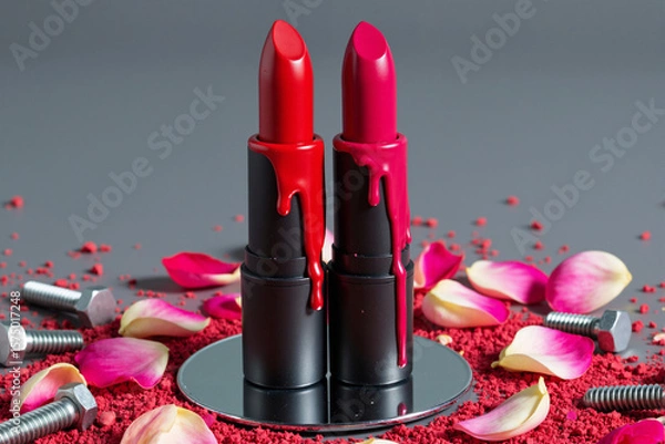 Fototapeta Two red lipsticks with dripping paint effect stand on a mirror, surrounded by a conceptual mix of industrial metal bolts and soft pink rose petals, contrasting beauty with grunge