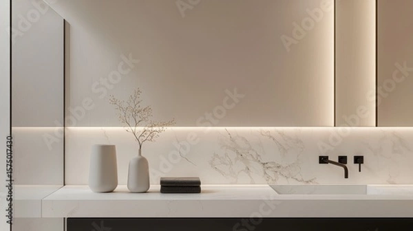 Fototapeta Modern Bathroom Design with White Marble Countertops and Elegant Minimalist Features