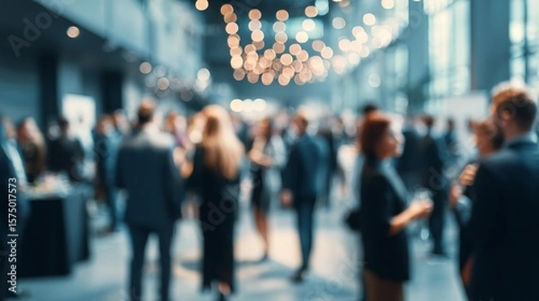 Fototapeta Blurred elegance: a professional crowd networking and socializing during an event reception with sparkling lights above their heads.