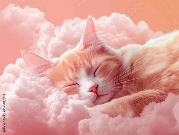 Fototapeta An adorable orange and white cat peacefully sleeping atop fluffy pink clouds, set against a dreamy pastel sky. The image evokes calm, warmth, and tenderness.

