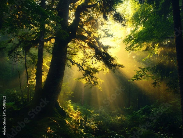 Fototapeta Sunlight streams through a dense, green forest, casting long shadows and illuminating a mossy forest floor. A peaceful moment in nature captured in golden tones.

