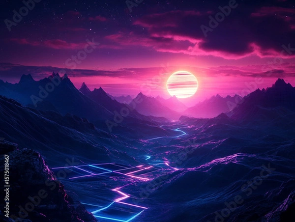 Fototapeta A surreal digital landscape of purple-blue grid lines winding through mountains under a bright pink retro-style sun. The scene is futuristic and synthwave-inspired.


