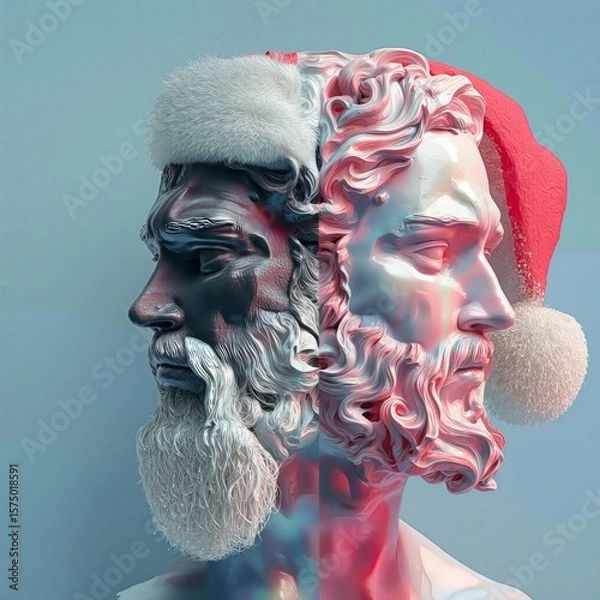 Obraz Classical dual-faced marble statue with realistic texture, wearing a Santa Claus hat. Half of the face is dark-toned, the other light, symbolizing contrast and festivity in surreal style.