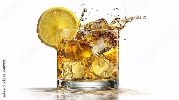Fototapeta Whiskey drink with ice cubes and lemon slice creates a refreshing splash.