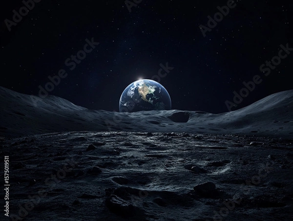 Fototapeta A view of planet Earth rising above the moon’s barren surface under a starry night sky. The image conveys space exploration and wonder.

