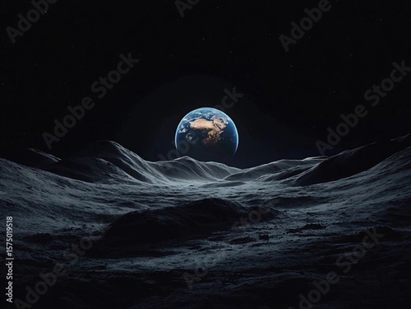 Fototapeta A view of planet Earth rising above the moon’s barren surface under a starry night sky. The image conveys space exploration and wonder.

