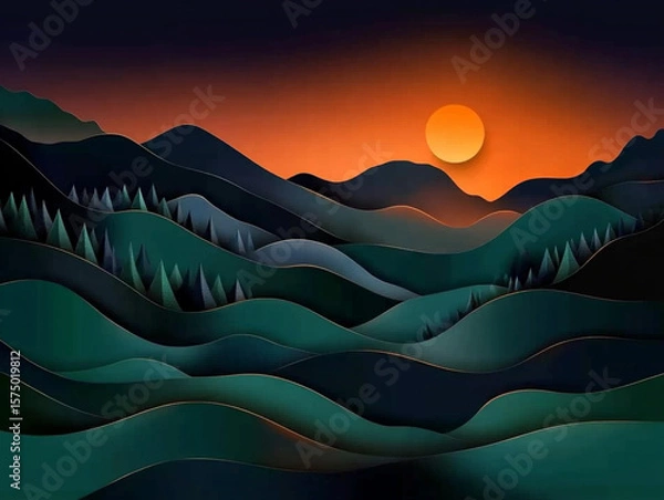 Fototapeta Stylized paper-cut artwork of hilly landscapes and pine trees under an orange sun. Clean design with layered shadows creates depth and warmth.

