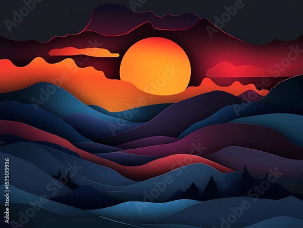 Fototapeta Stylized paper-cut artwork of hilly landscapes and pine trees under an orange sun. Clean design with layered shadows creates depth and warmth.

