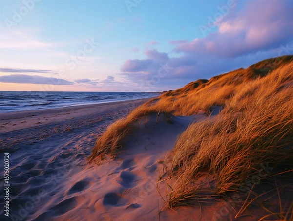 Fototapeta Golden grasses grow in the sand dunes of a beach at sunset. The sky glows in deep blues and oranges, creating a tranquil coastal moment.

