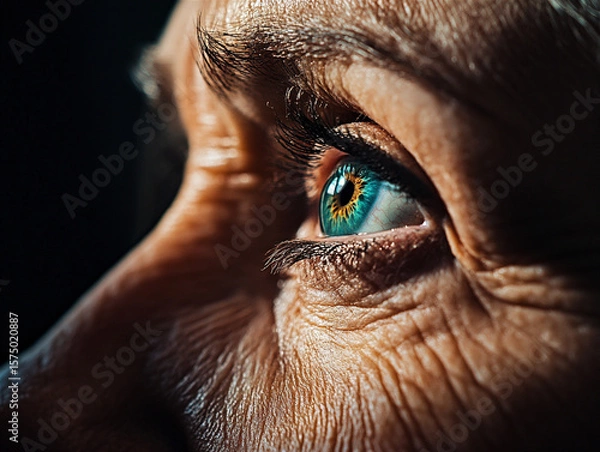 Fototapeta Macro image of an elderly woman's eye with visible wrinkles and skin texture. The eye’s vibrant blue-green iris contrasts the warm, aged skin.

