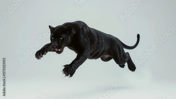 Fototapeta Dynamic Mid-Air Leap of a Powerful Black Panther with Fierce Expression on a Clean White Background