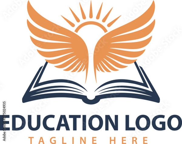 Fototapeta Vector education logo design with book and wings for learning academy and school vector graphics