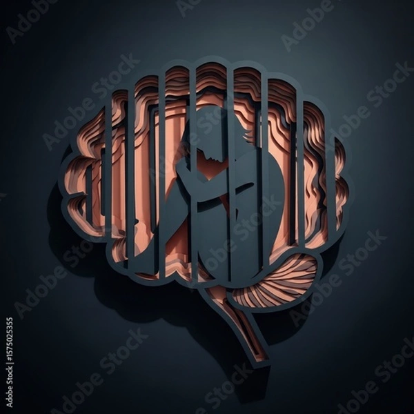 Fototapeta A metaphor for being a prisoner of one's own mind: a person sits trapped inside an intricate cage, isolated in darkness

