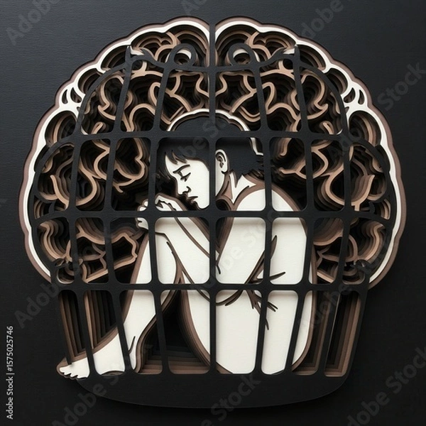 Fototapeta A metaphor for being a prisoner of one's own mind: a person sits trapped inside an intricate cage, isolated in darkness
