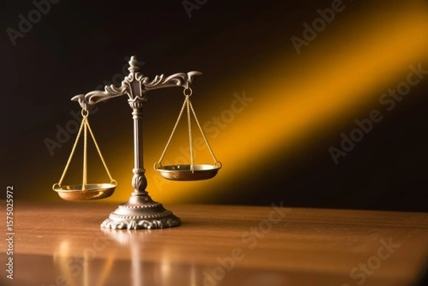 Fototapeta Elegant balance scales on wooden table with warm light highlighting legal symbolism and justice