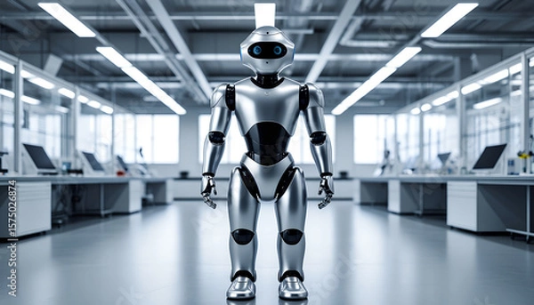Fototapeta Silver Humanoid Robot in Modern Technology Laboratory