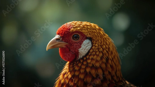 Fototapeta Regal Golden Pheasant Close-up with Striking Red Comb and Intricate Feather Details on a Blurred Green Background