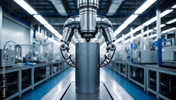 Fototapeta Robotic Arm Handling Cylinder in Modern Industrial Factory