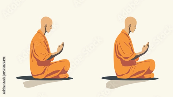 Fototapeta Buddhist Monk Side View Praying Vector Illustration