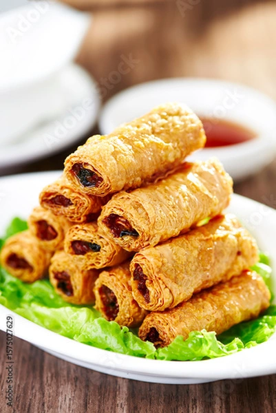 Fototapeta Crispy Tiger Skin Vegetarian Goose Rolls on Lettuce Bed plate side view of chinese dish