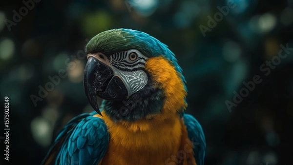 Fototapeta Captivating Close-up of a Blue and Gold Macaw with Striking Plumage and Expressive Eye on a Blurred Background