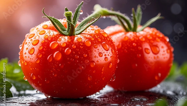 Fototapeta Fresh Red Tomatoes with Water Droplets on Dark Background