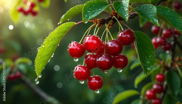 Fototapeta Fresh Red Cherries on Branch with Raindrops After Rain